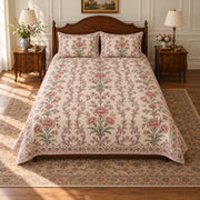 AI-generated mockup, centered front view of Carnation Traditional Floral Tapestry quilt set on a low-profile bed.