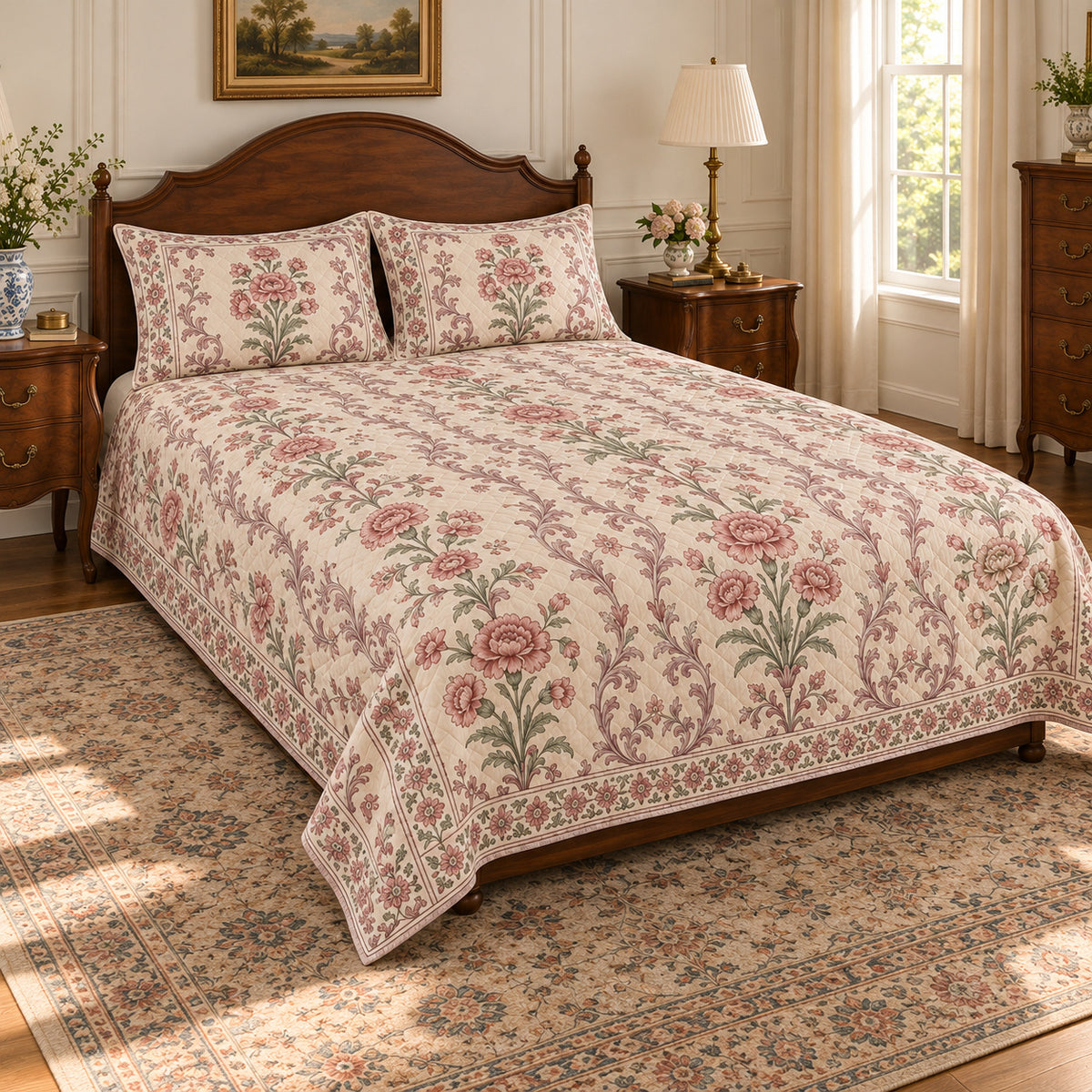 AI-generated mockup, pulled-back front-left view of Carnation floral quilt set with printed border and diamond quilting.