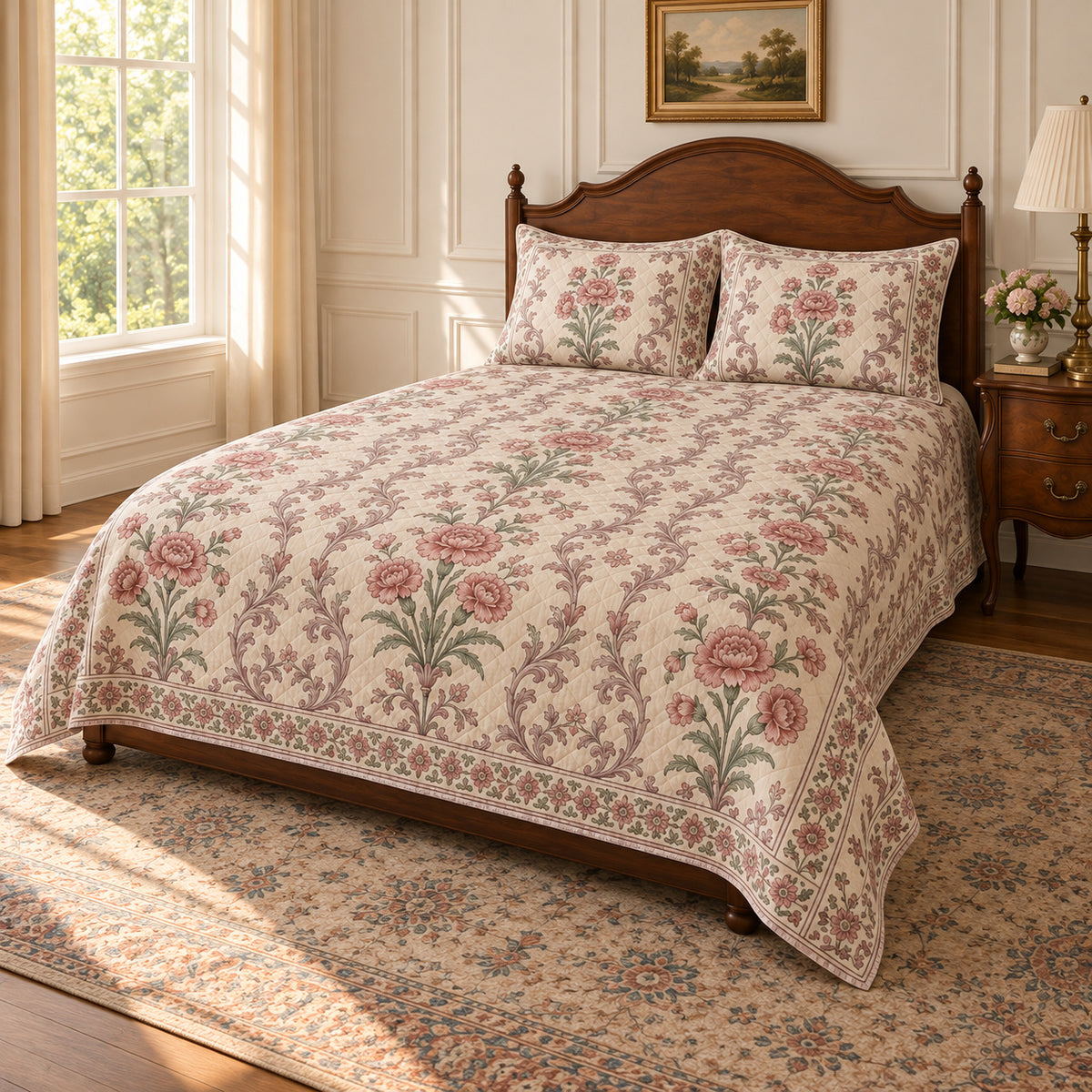 AI-generated mockup, pulled-back front-right view showing the opposite side of the Carnation quilt set.