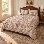 AI-generated mockup, pulled-back front-right view showing the opposite side of the Carnation quilt set.