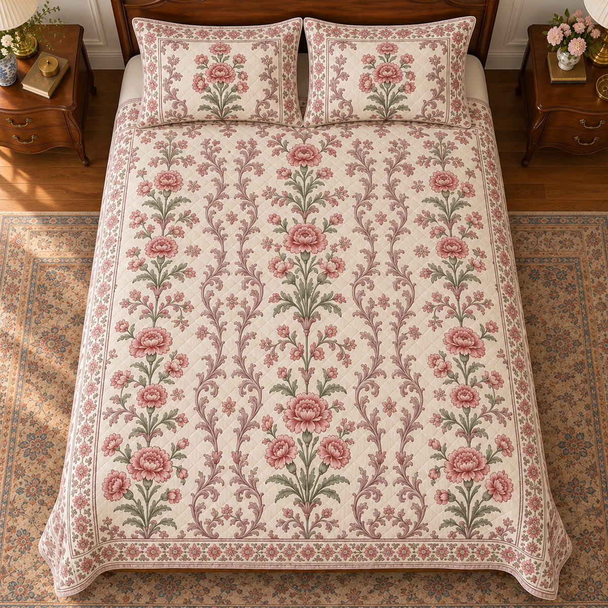 AI-generated mockup, high directly frontal near-overhead view of Carnation floral tapestry quilt set.