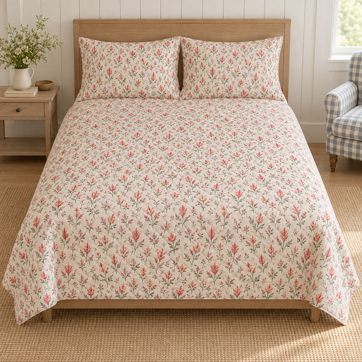 AI-generated mockup, centered front view of Celosia Ditsy Garden Sprigs quilt set on a low-profile bed.