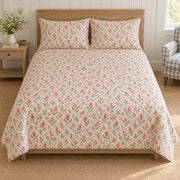 AI-generated mockup, centered front view of Celosia Ditsy Garden Sprigs quilt set on a low-profile bed.
