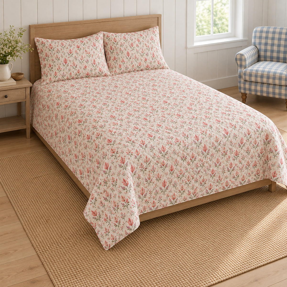 AI-generated mockup, pulled-back front-left view of Celosia quilt set with matching pillows and diamond quilting.