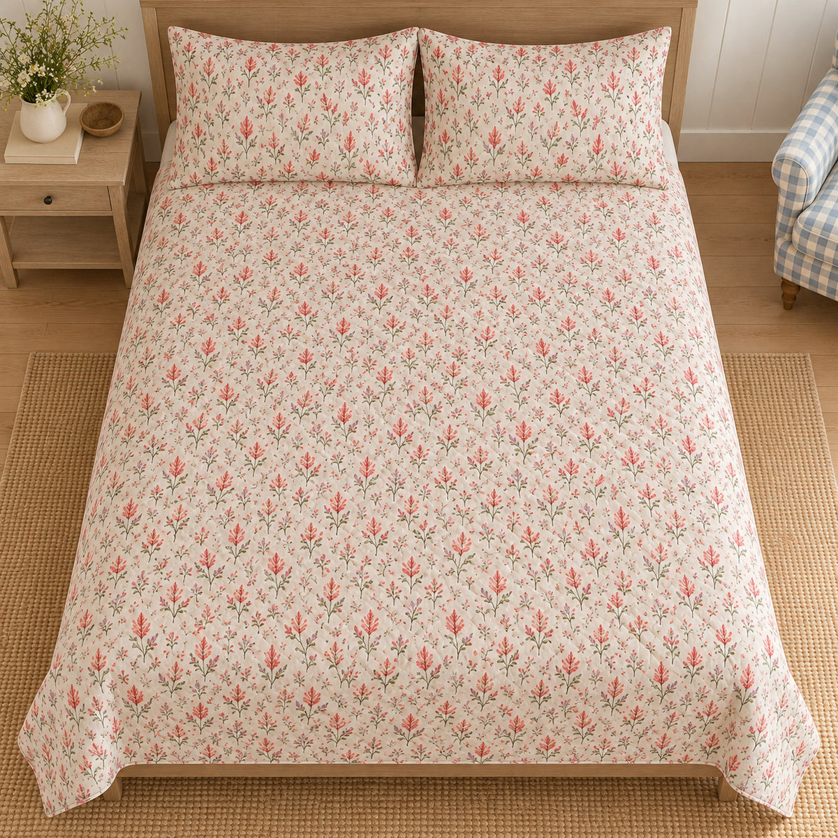 AI-generated mockup, high directly frontal near-overhead view of Celosia quilt set and two printed pillows.