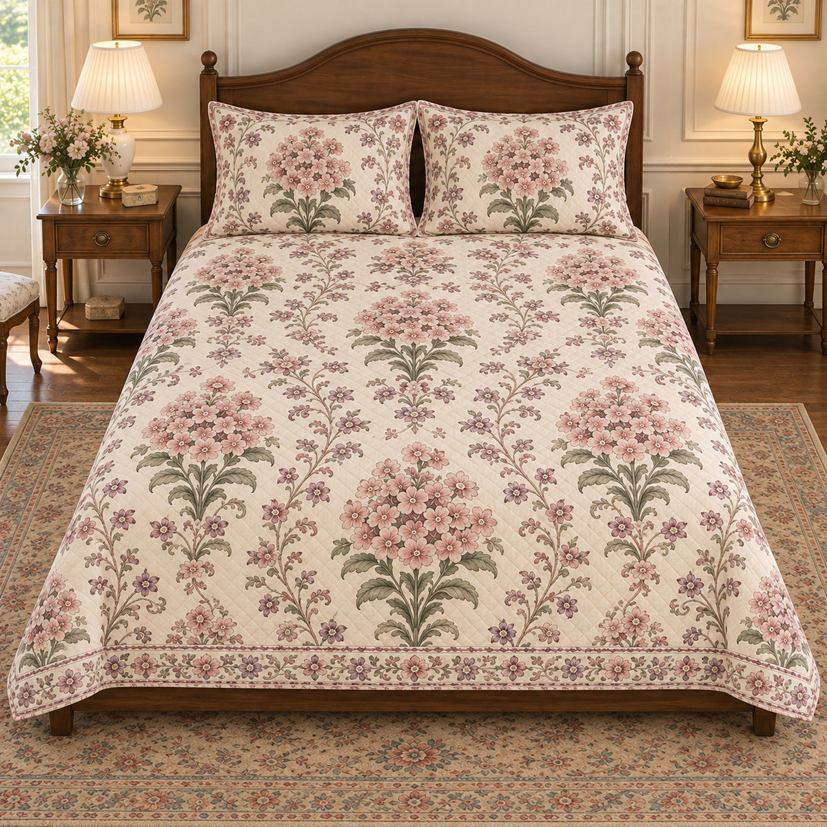 AI-generated mockup, centered front view of Garden Phlox Traditional Floral Tapestry quilt set on a low-profile bed.