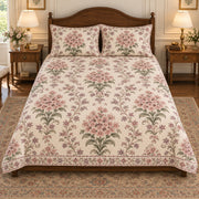 AI-generated mockup, centered front view of Garden Phlox Traditional Floral Tapestry quilt set on a low-profile bed.