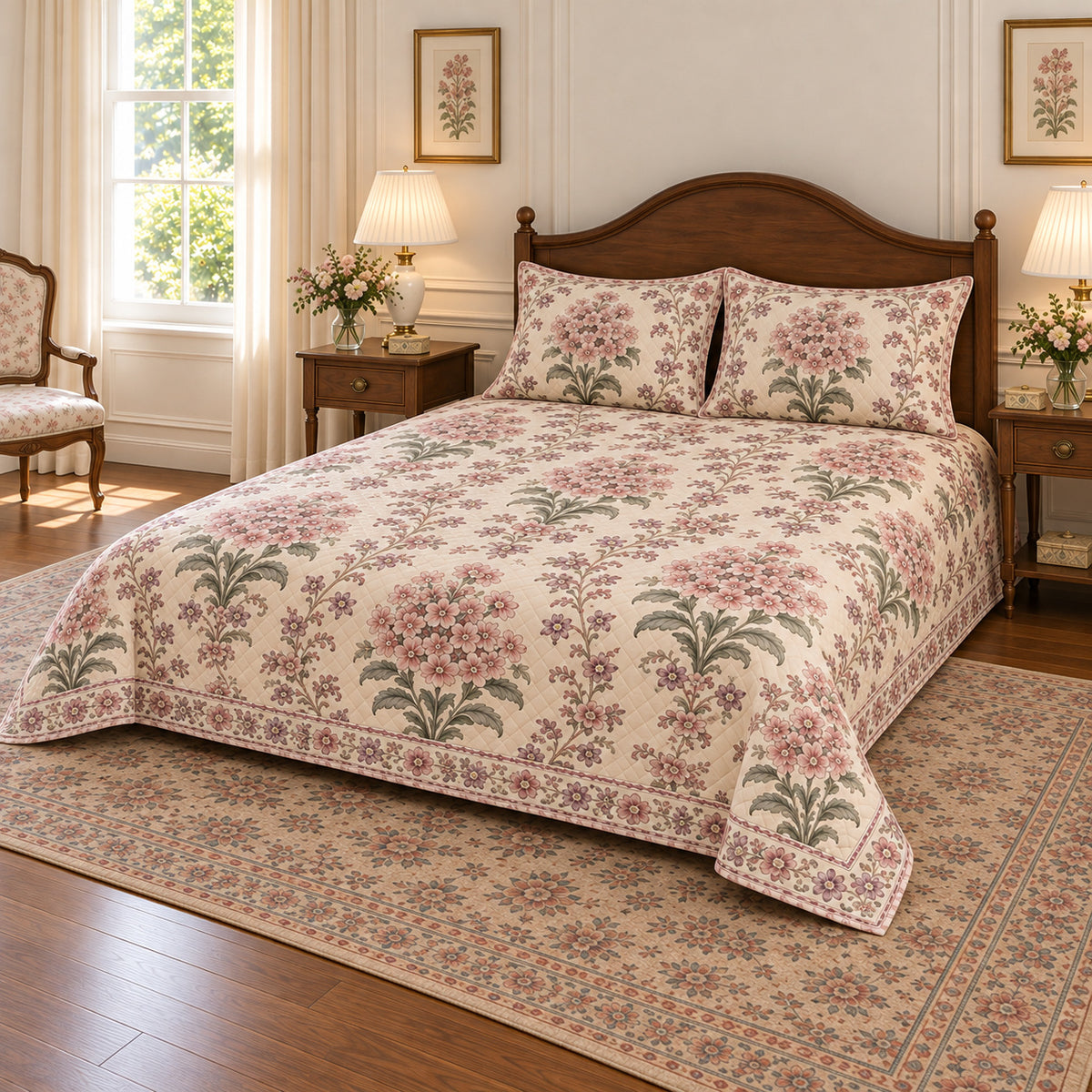AI-generated mockup, pulled-back front-right view showing the opposite side of the Garden Phlox quilt set.