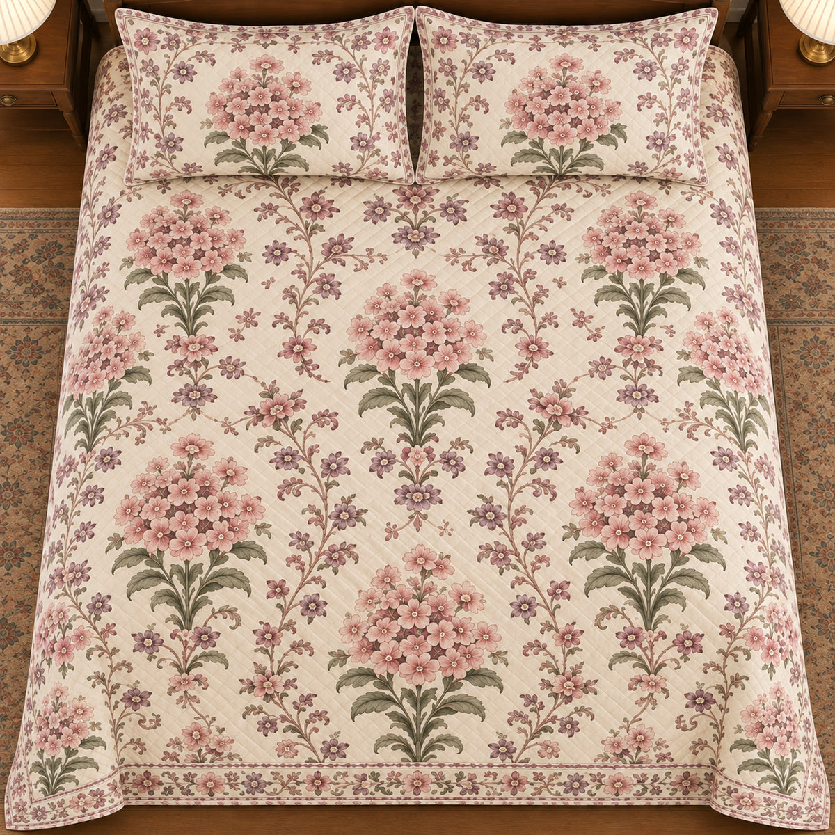 AI-generated mockup, high directly frontal near-overhead view of Garden Phlox floral tapestry quilt set.