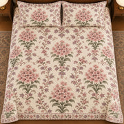 AI-generated mockup, high directly frontal near-overhead view of Garden Phlox floral tapestry quilt set.