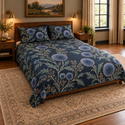 Globe Thistle Midnight Botanical quilt set, pulled-back front-left view, AI-generated mockup