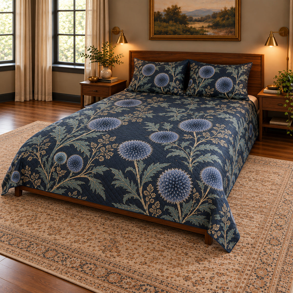 Globe Thistle Midnight Botanical quilt set, pulled-back front-right view, AI-generated mockup