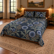 Globe Thistle Midnight Botanical quilt set, pulled-back front-right view, AI-generated mockup