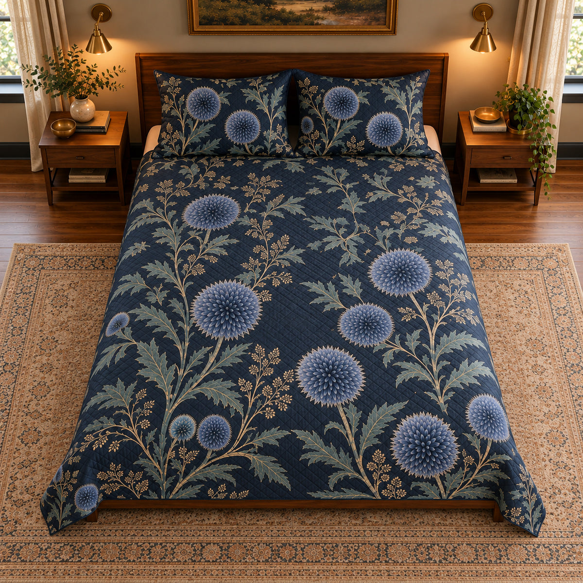 Globe Thistle Midnight Botanical quilt set, high centered overhead view, AI-generated mockup