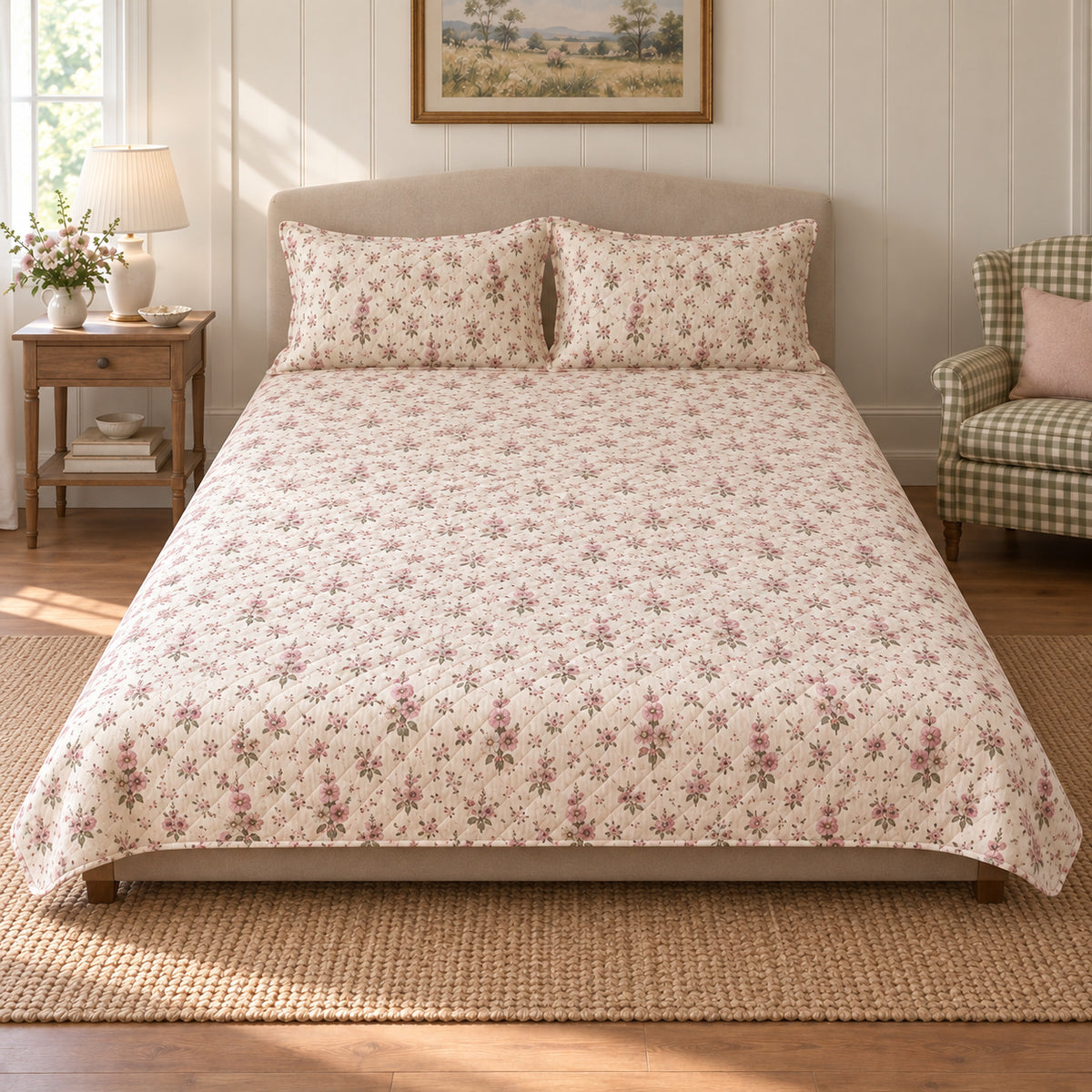 Hollyhock Ditsy Garden Sprigs quilt set, centered frontal view, AI-generated mockup