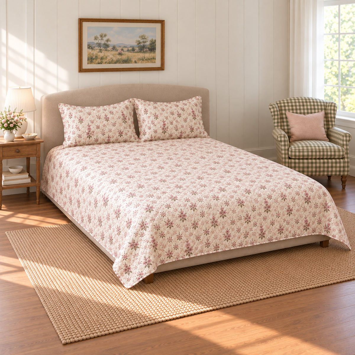 Hollyhock Ditsy Garden Sprigs quilt set, pulled-back front-left view, AI-generated mockup