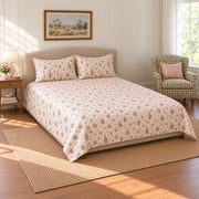 Hollyhock Ditsy Garden Sprigs quilt set, pulled-back front-left view, AI-generated mockup