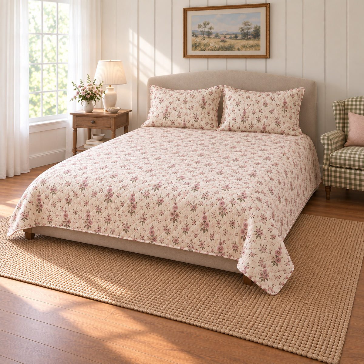 Hollyhock Ditsy Garden Sprigs quilt set, pulled-back front-right view, AI-generated mockup