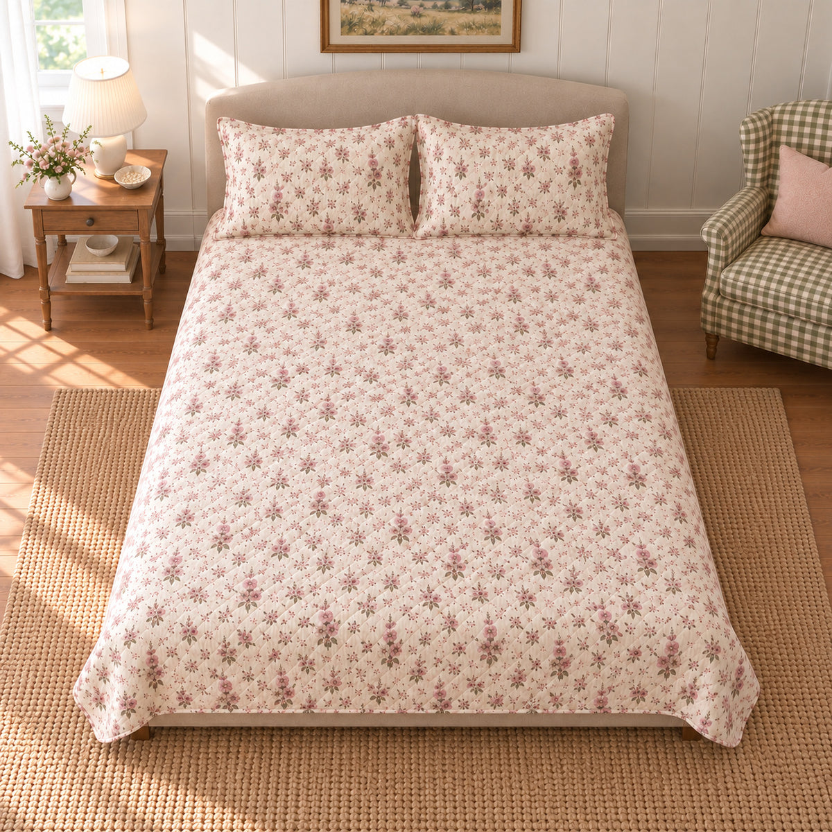 Hollyhock Ditsy Garden Sprigs quilt set, high centered overhead view, AI-generated mockup