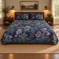Pasqueflower Midnight Botanical Quilt Set, Moody Floral Bedding, Gift for Pasqueflower Lovers