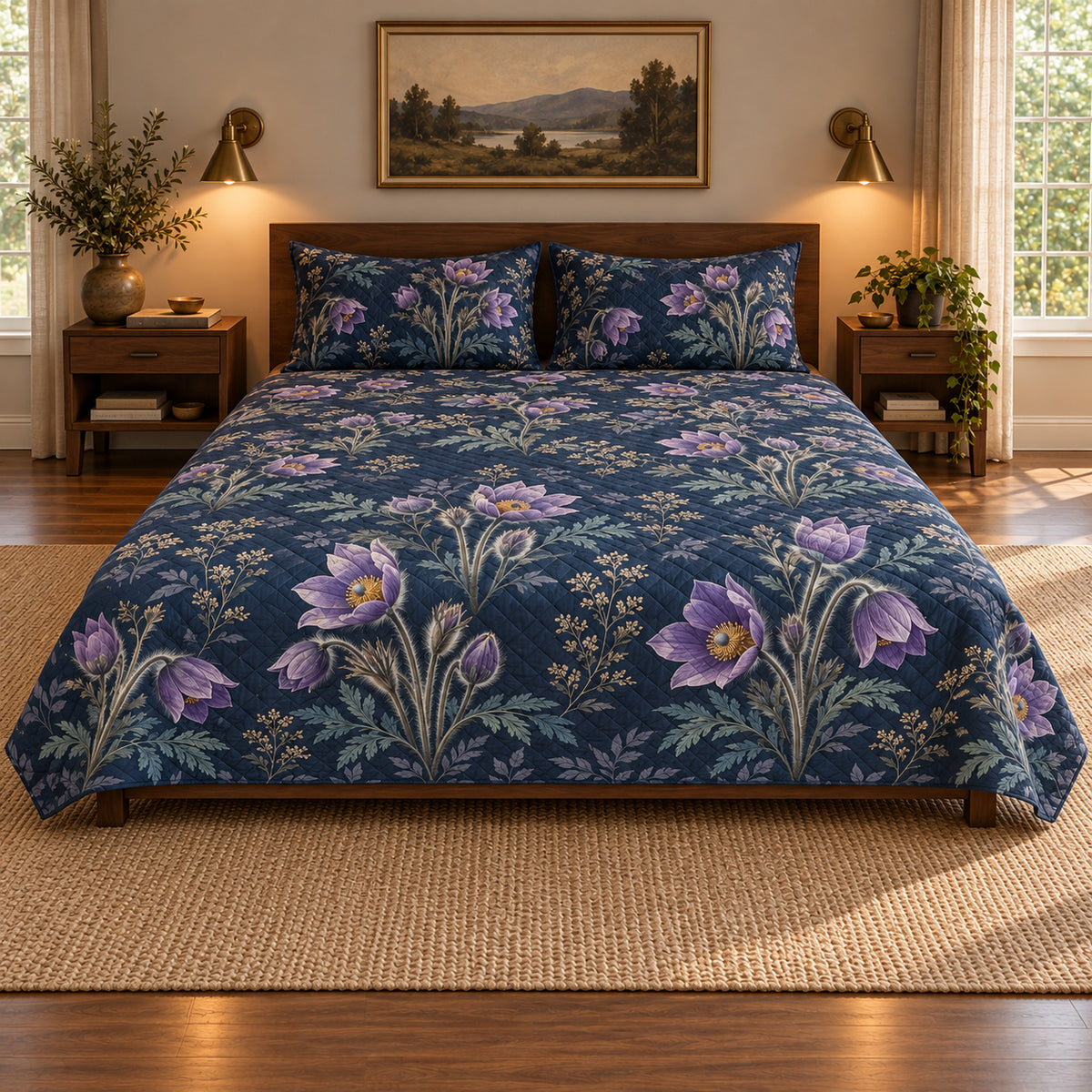 Pasqueflower Midnight Botanical quilt set, centered frontal view, AI-generated mockup