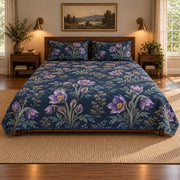 Pasqueflower Midnight Botanical quilt set, centered frontal view, AI-generated mockup