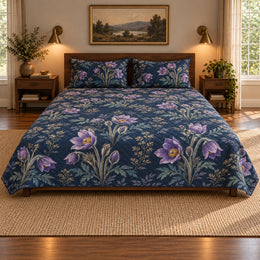 Pasqueflower Midnight Botanical Quilt Set, Moody Floral Bedding, Gift for Pasqueflower Lovers