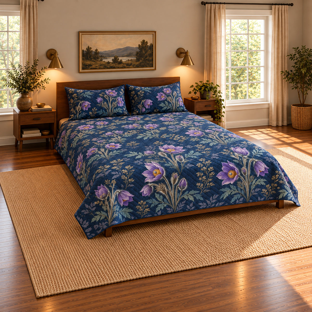 Pasqueflower Midnight Botanical quilt set, pulled-back front-left view, AI-generated mockup