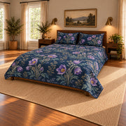 Pasqueflower Midnight Botanical quilt set, pulled-back front-right view, AI-generated mockup
