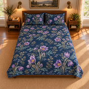Pasqueflower Midnight Botanical quilt set, high centered overhead view, AI-generated mockup