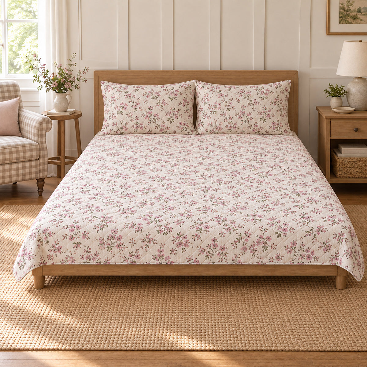 Weigela Ditsy Garden Sprigs quilt set, centered frontal view, AI-generated mockup
