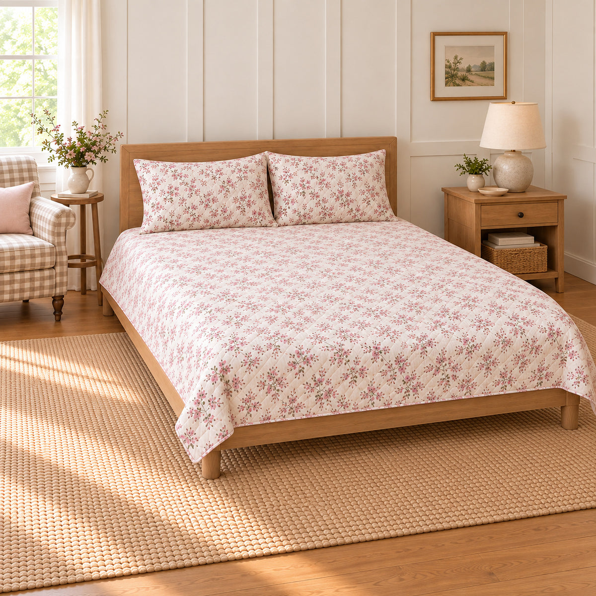 Weigela Ditsy Garden Sprigs quilt set, pulled-back front-left view, AI-generated mockup