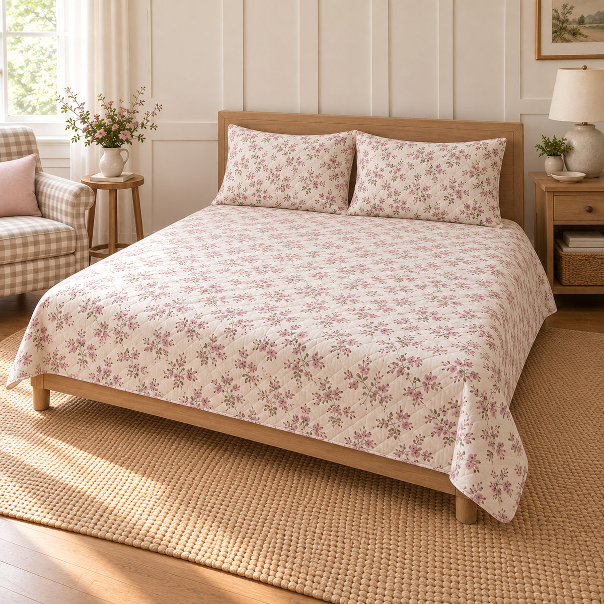 Weigela Ditsy Garden Sprigs quilt set, pulled-back front-right view, AI-generated mockup