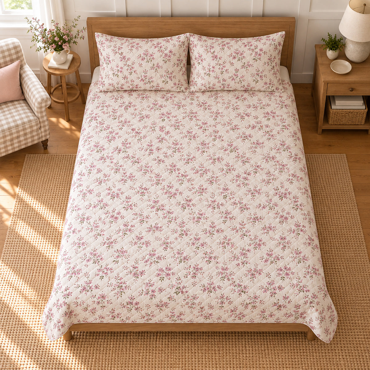 Weigela Ditsy Garden Sprigs quilt set, high centered overhead view, AI-generated mockup