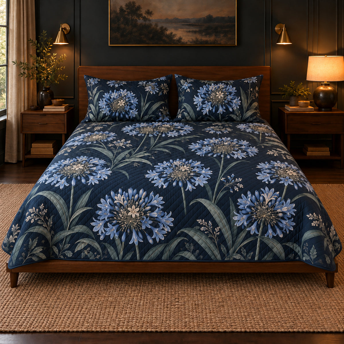 Agapanthus Midnight Botanical quilt set, centered frontal view, AI-generated mockup