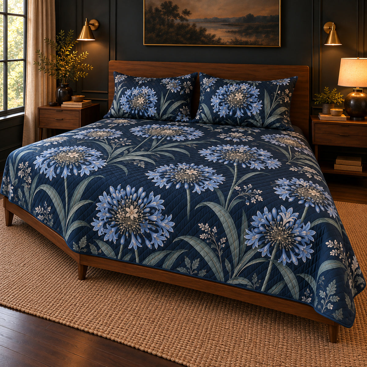 Agapanthus Midnight Botanical quilt set, pulled-back front-left view, AI-generated mockup