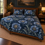 Agapanthus Midnight Botanical quilt set, pulled-back front-left view, AI-generated mockup