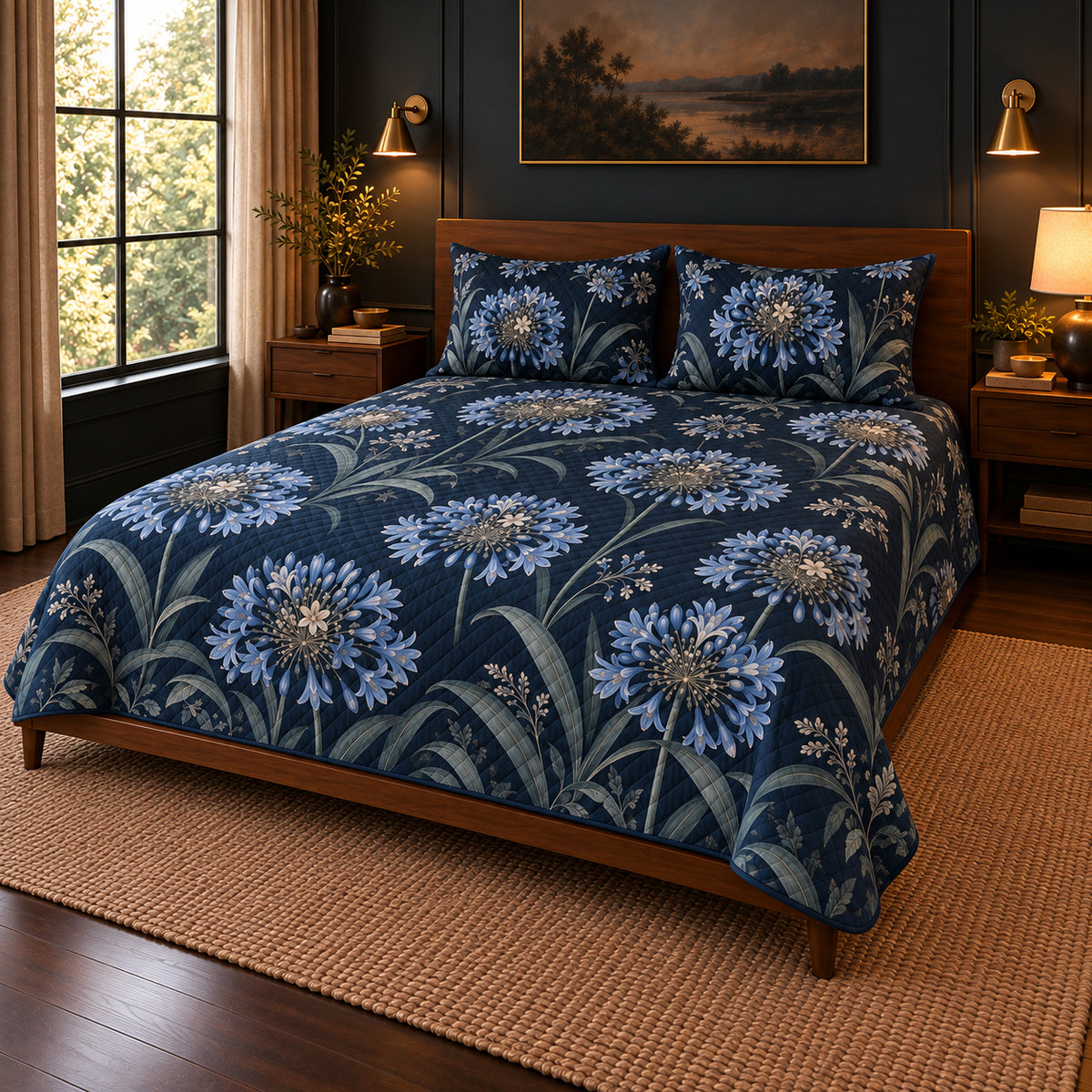 Agapanthus Midnight Botanical quilt set, pulled-back front-right view, AI-generated mockup