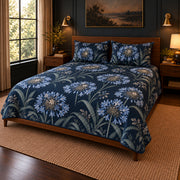 Agapanthus Midnight Botanical quilt set, pulled-back front-right view, AI-generated mockup