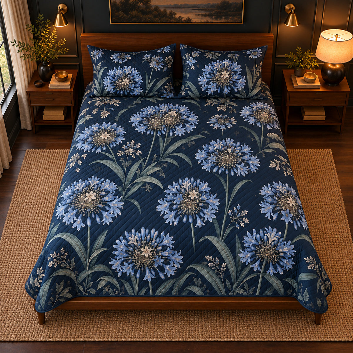 Agapanthus Midnight Botanical quilt set, high centered overhead view, AI-generated mockup