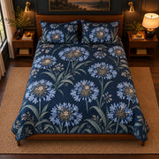 Agapanthus Midnight Botanical quilt set, high centered overhead view, AI-generated mockup
