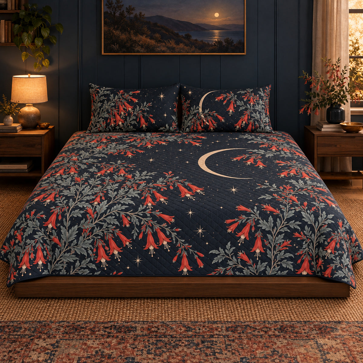 California Fuchsia Moonlit Flower Field quilt set, centered frontal view, AI-generated mockup
