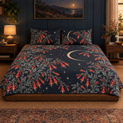 California Fuchsia Moonlit Flower Field quilt set, centered frontal view, AI-generated mockup