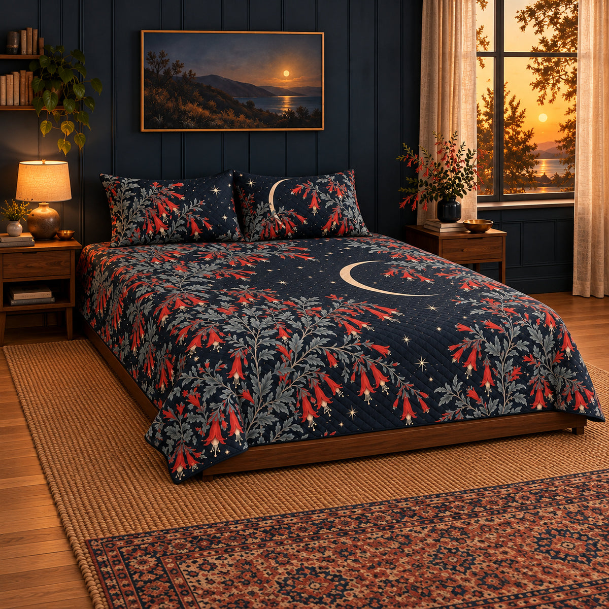 California Fuchsia Moonlit Flower Field quilt set, pulled-back front-left view, AI-generated mockup
