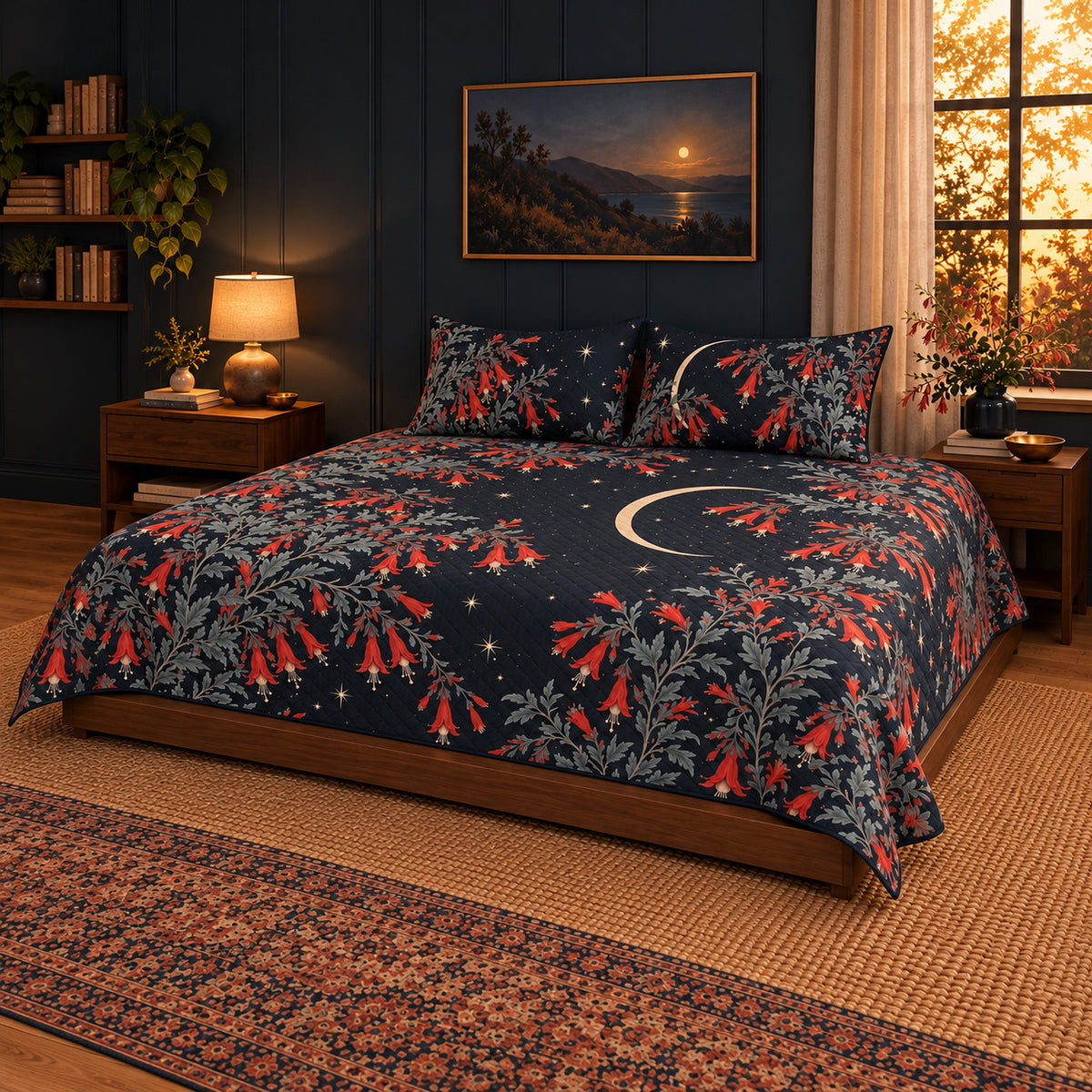 California Fuchsia Moonlit Flower Field quilt set, pulled-back front-right view, AI-generated mockup