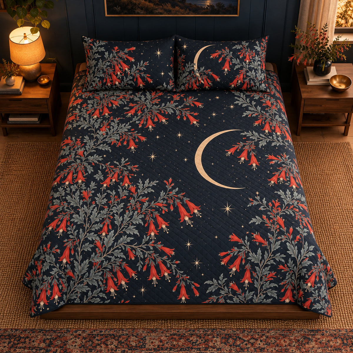 California Fuchsia Moonlit Flower Field quilt set, high centered overhead view, AI-generated mockup