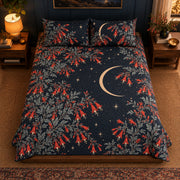 California Fuchsia Moonlit Flower Field quilt set, high centered overhead view, AI-generated mockup