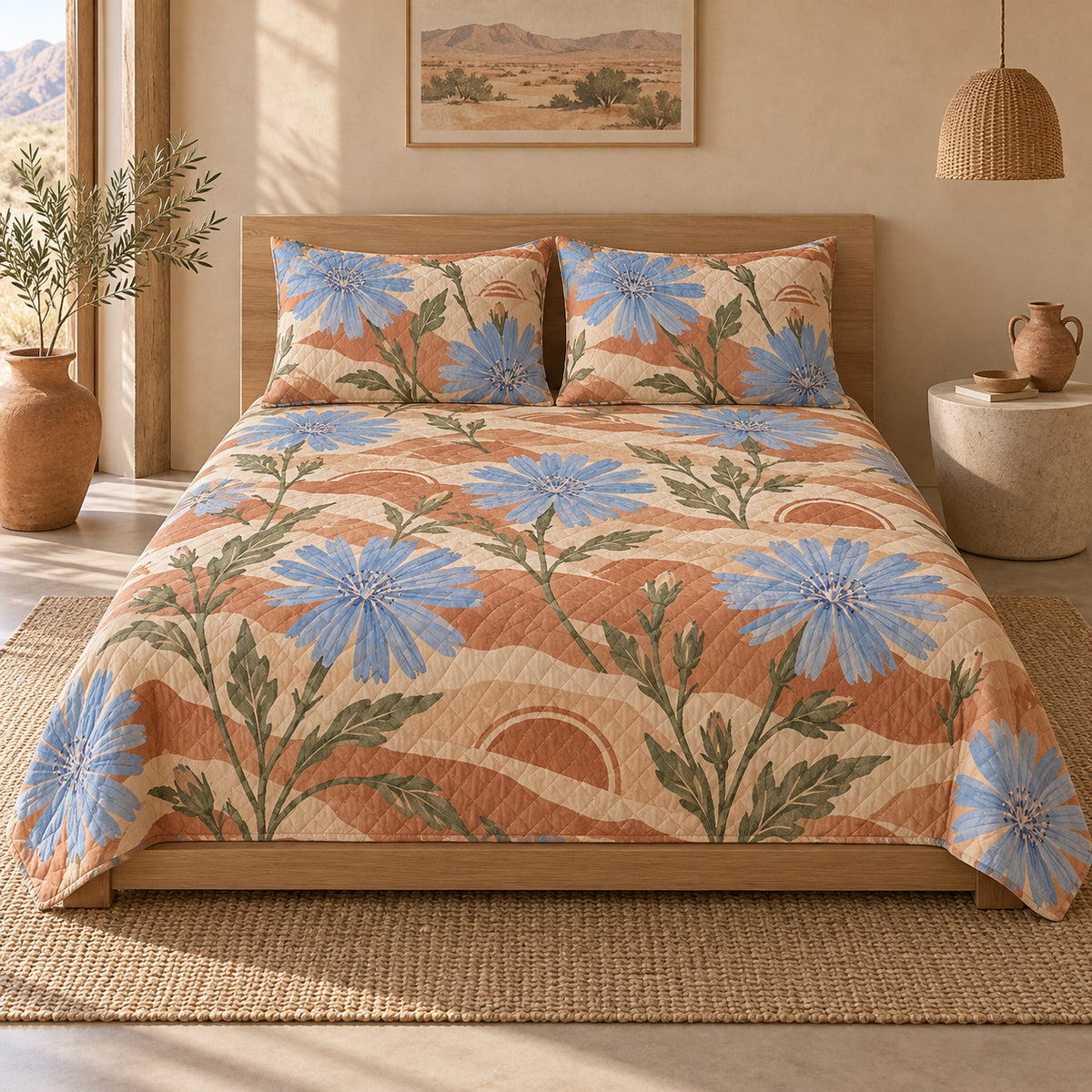 AI mockup of Chicory Blossom Quilt Set, centered front view of blue chicory flowers on sunwashed terracotta bedding