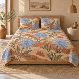 Chicory Blossom Sunwashed Terracotta Quilt Set, Floral Bedding, Gift for Chicory Lovers