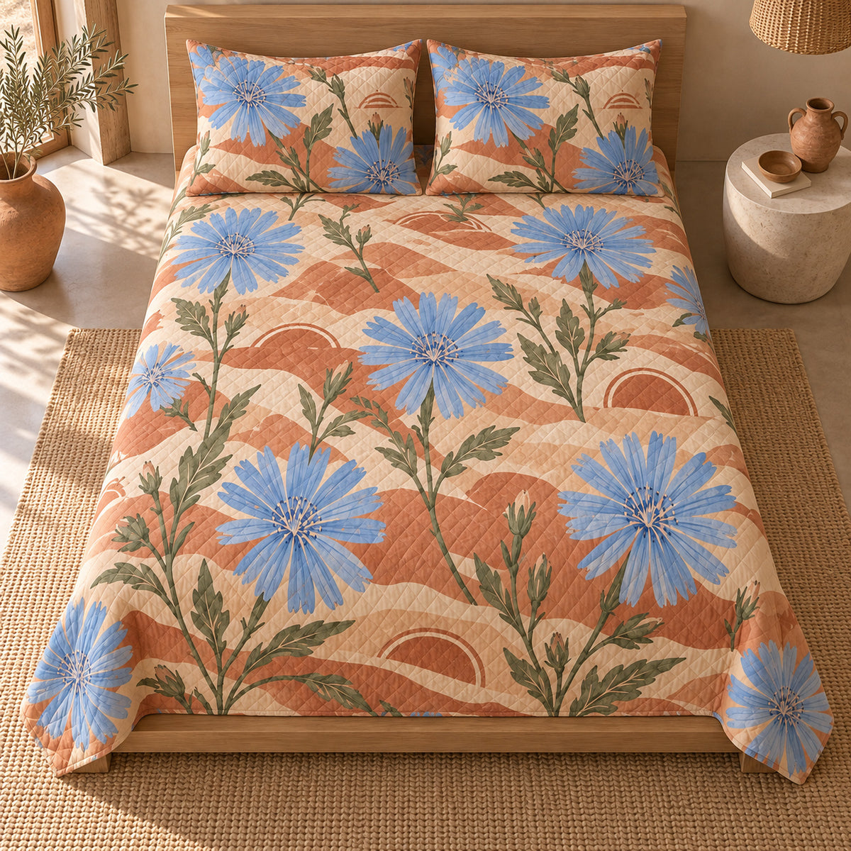AI mockup of Chicory Blossom Quilt Set, centered high overhead view of blue chicory flowers on sunwashed terracotta bedding